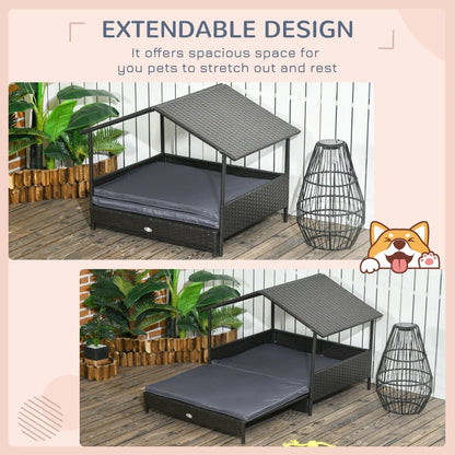 Extendable Elevated Dog Sun Bed Lounger, Rattan Dog House with Water-Resistant Roof and Removable Cushion - Cream