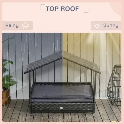 Extendable Elevated Dog Sun Bed Lounger, Rattan Dog House with Water-Resistant Roof and Removable Cushion - Cream