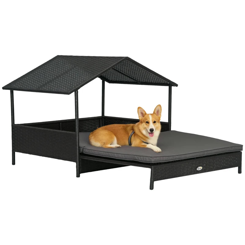 Extendable Elevated Dog Sun Bed Lounger, Rattan Dog House with Water-Resistant Roof and Removable Cushion - Cream