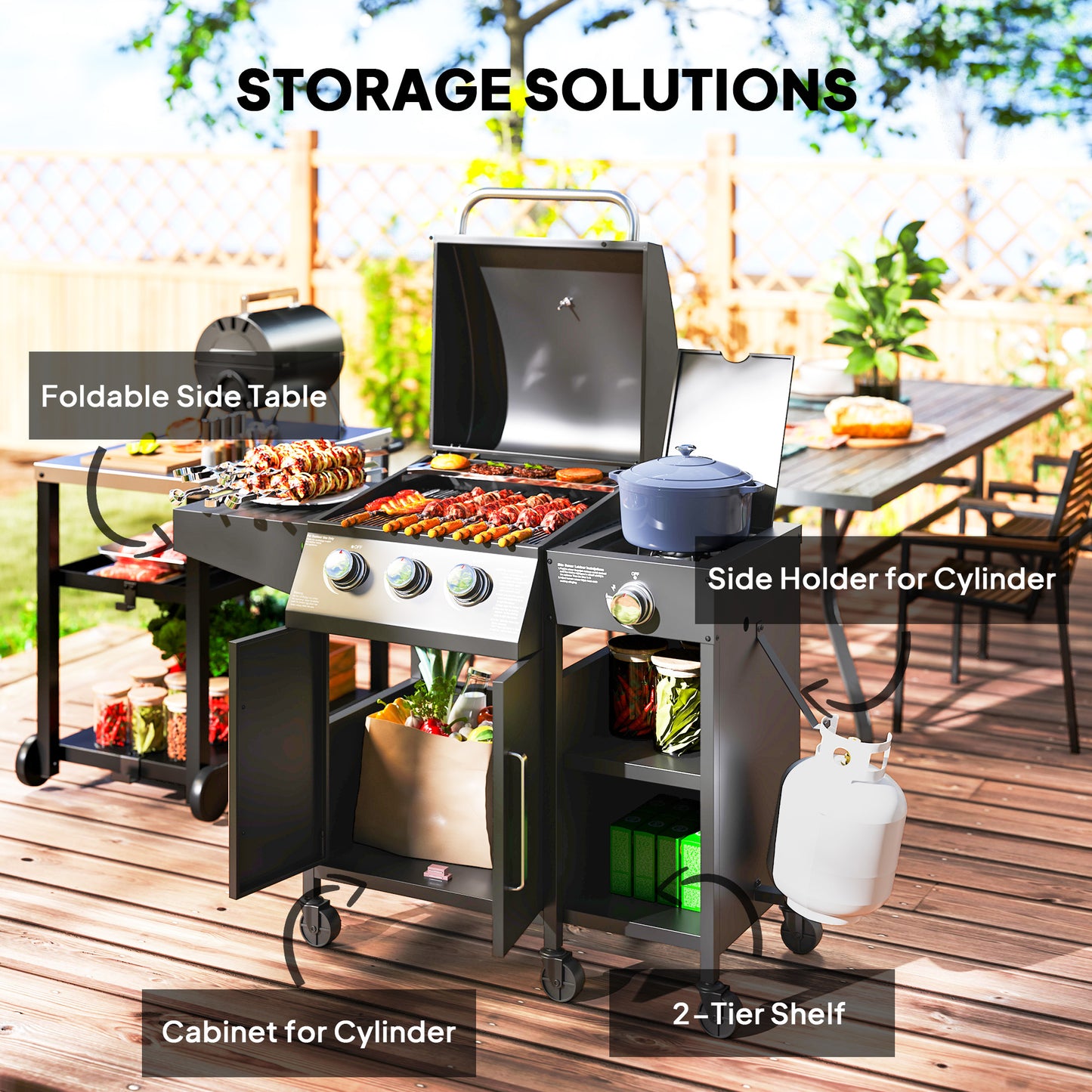 3+1 Burner Gas BBQ Grill with Storage Cabinet and Shelves, 9.5 kW Gas Barbecue Trolley with 6 Castor Wheels, Warming Rack