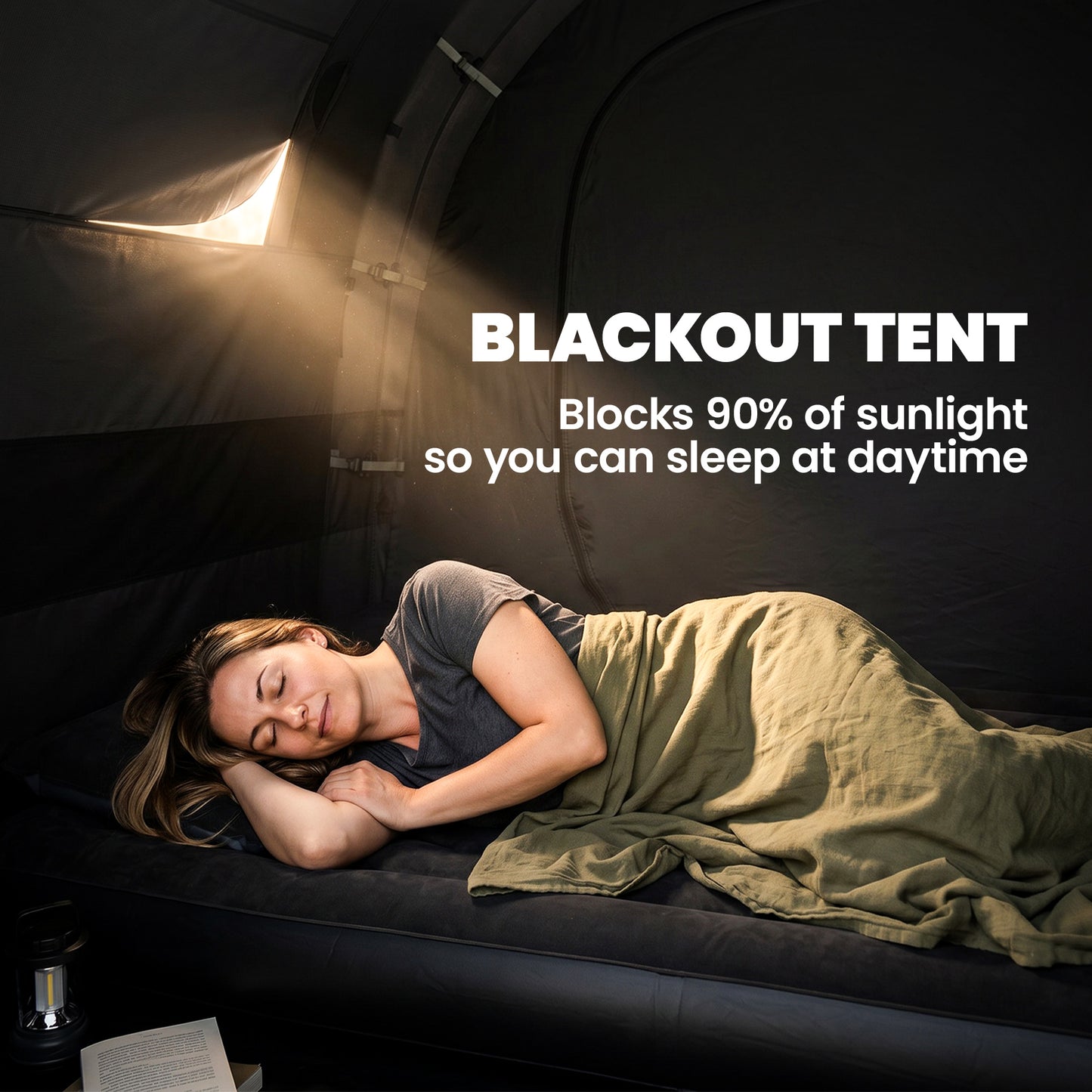 Camping Tent, 3 Man Blackout Tent with Bedroom and Living Room, Portable with Bag, for Fishing Hiking Festival, Khaki