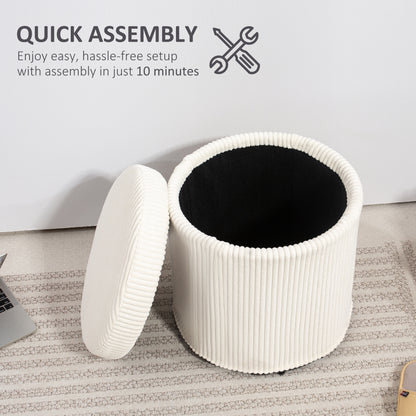 40cm Round Storage Ottoman, Corduroy Footstool with Removable Lid and Legs, Vanity Stool for Living Room, Bedroom, Beige