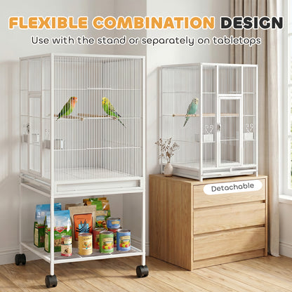 Bird Cage Detachable with Rolling Stand Parrot Cage with Storage Shelf White