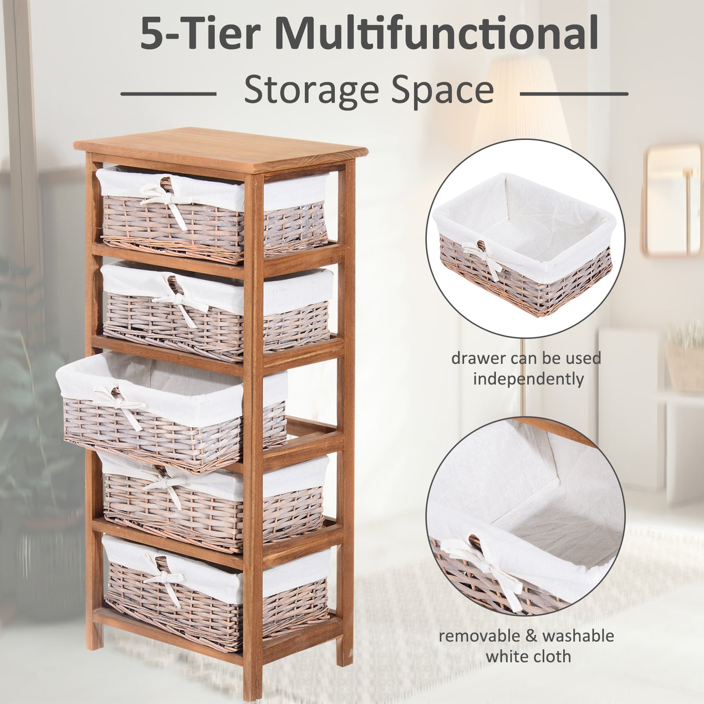 5 Drawer Dresser Wicker Basket Storage Shelf Unit Wooden Frame Home Organisation Cabinet Bedroom Office Furniture Natural Fin