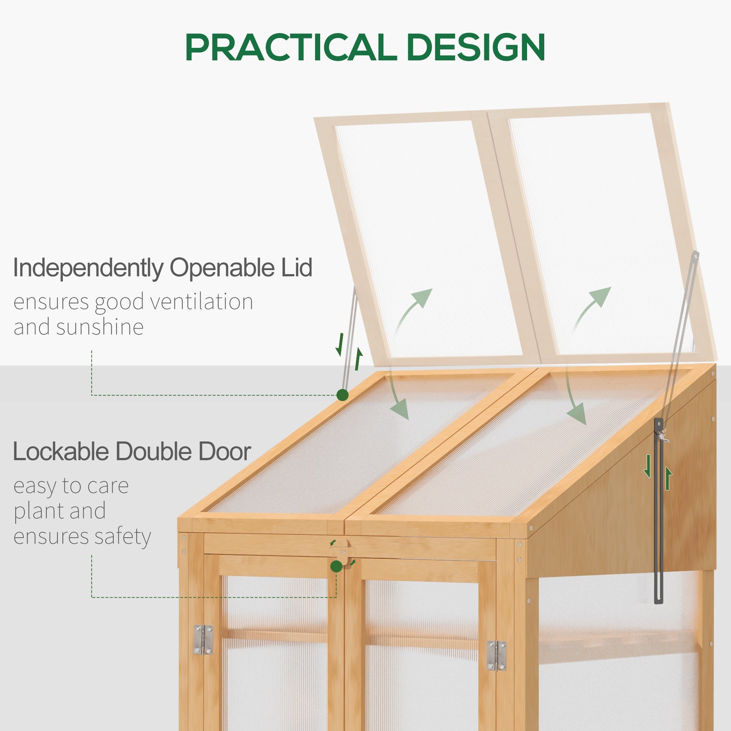 Wooden Cold Frame Polycarbonate Greenhouse with Openable Top Cover and Double Door, Grow House for Flower