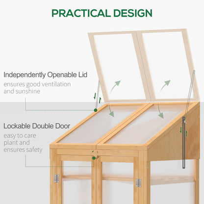 Wooden Cold Frame Polycarbonate Greenhouse with Openable Top Cover and Double Door, Grow House for Flower