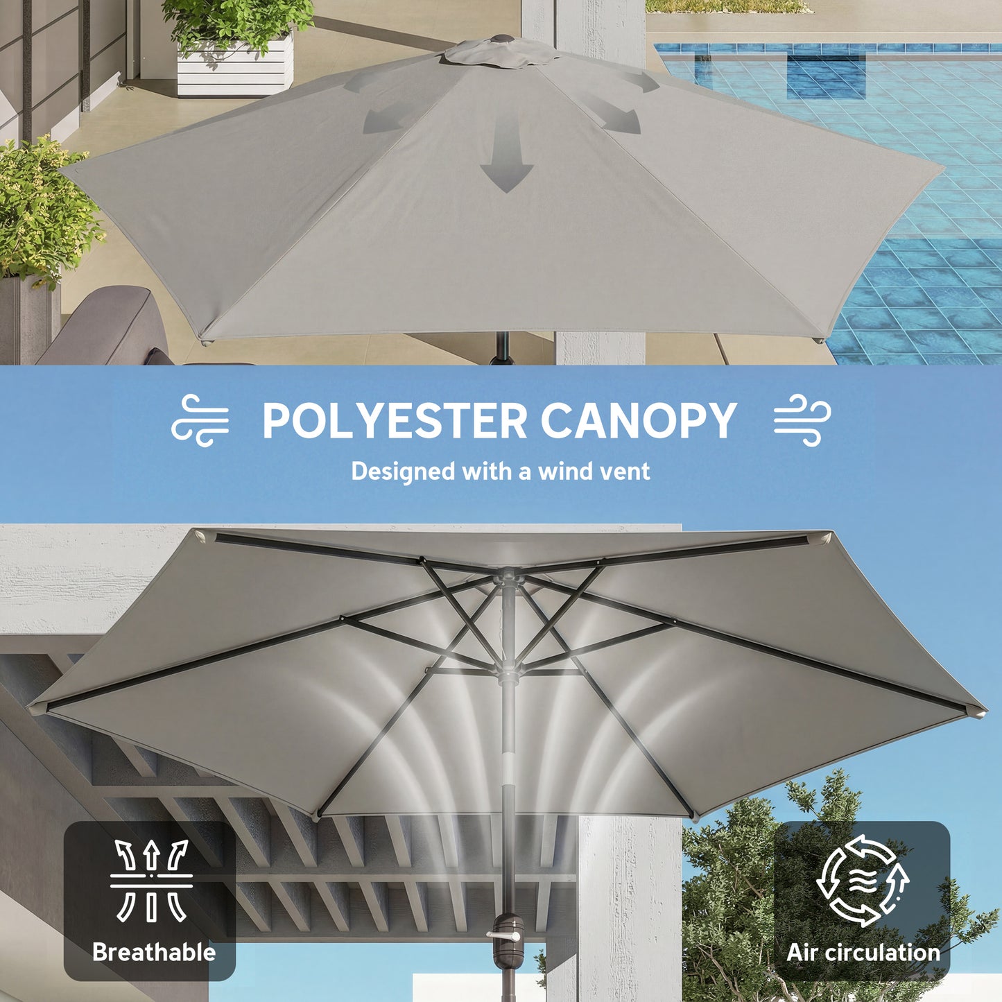 2.6 m Garden Parasol Umbrella with Aluminium Pole, Outdoor Patio Umbrella with Tilt and Crank, Vent, Light Grey