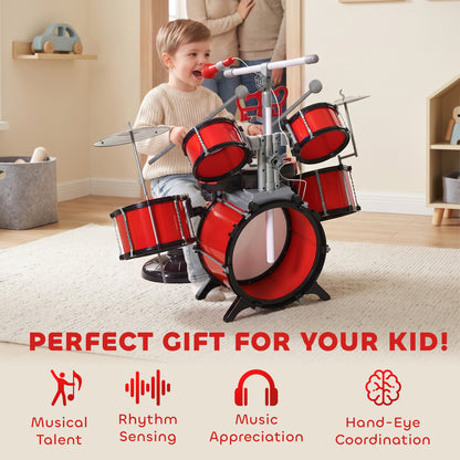 Kids Drum Set for Beginners, Drum Kit with Toy Microphone, Cymbal, Pedal & Drumsticks, Educational Musical Toy, Red
