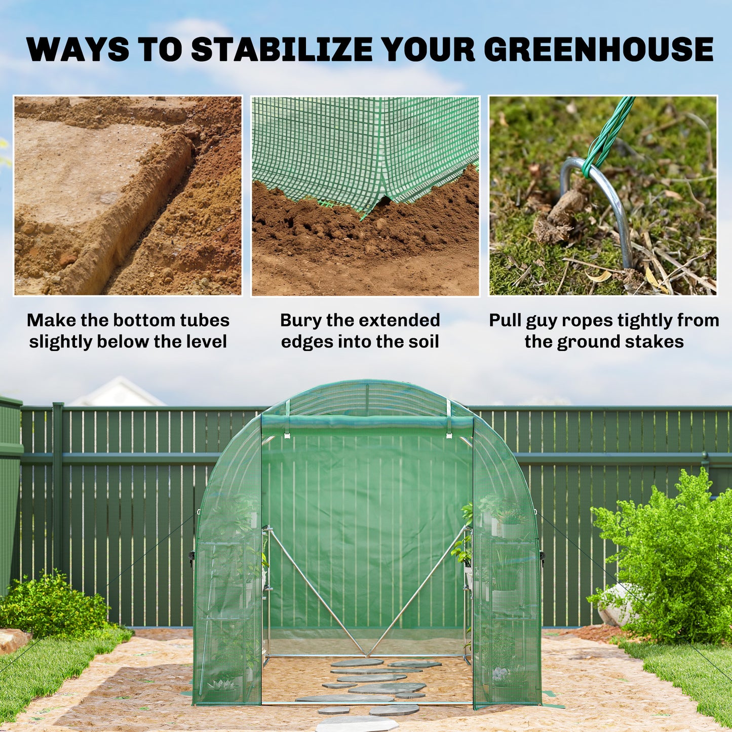 Walk-in Greenhouse with Shelves, Polytunnel Greenhouse with Roll-Up Door, 6 Mesh Windows,198 x 275 x 191 cm, Green