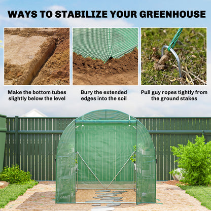 Walk-in Greenhouse with Shelves, Polytunnel Greenhouse with Roll-Up Door, 6 Mesh Windows,198 x 275 x 191 cm, Green