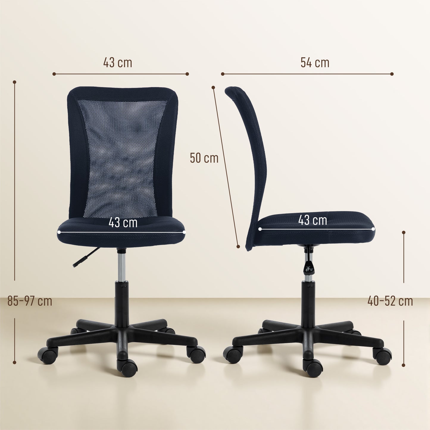 Computer Desk Chair, Mesh Office Chair with Adjustable Height and Swivel Wheels, Armless Study Chair, Dark Grey
