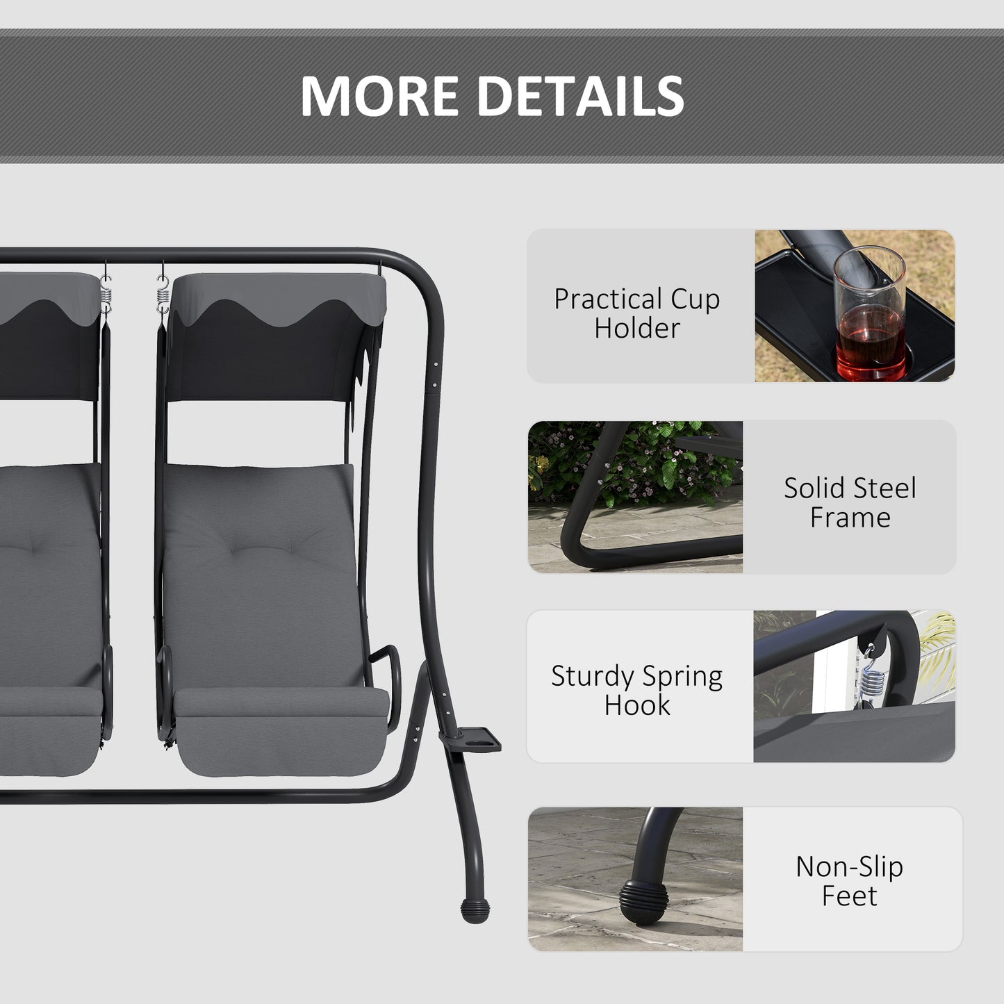 Two-Seat Garden Swing Chair, with Protective Canopy - Grey