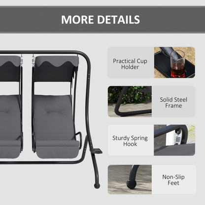 Two-Seat Garden Swing Chair, with Protective Canopy - Grey