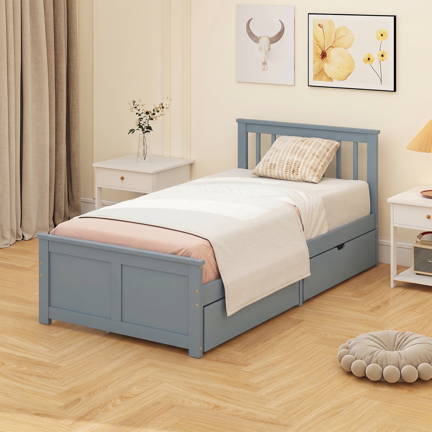 Pine Storage Bed, 3ft Single Solid Wooden Bed Frame with Drawers, Headboard, Wood Slat Support, Grey