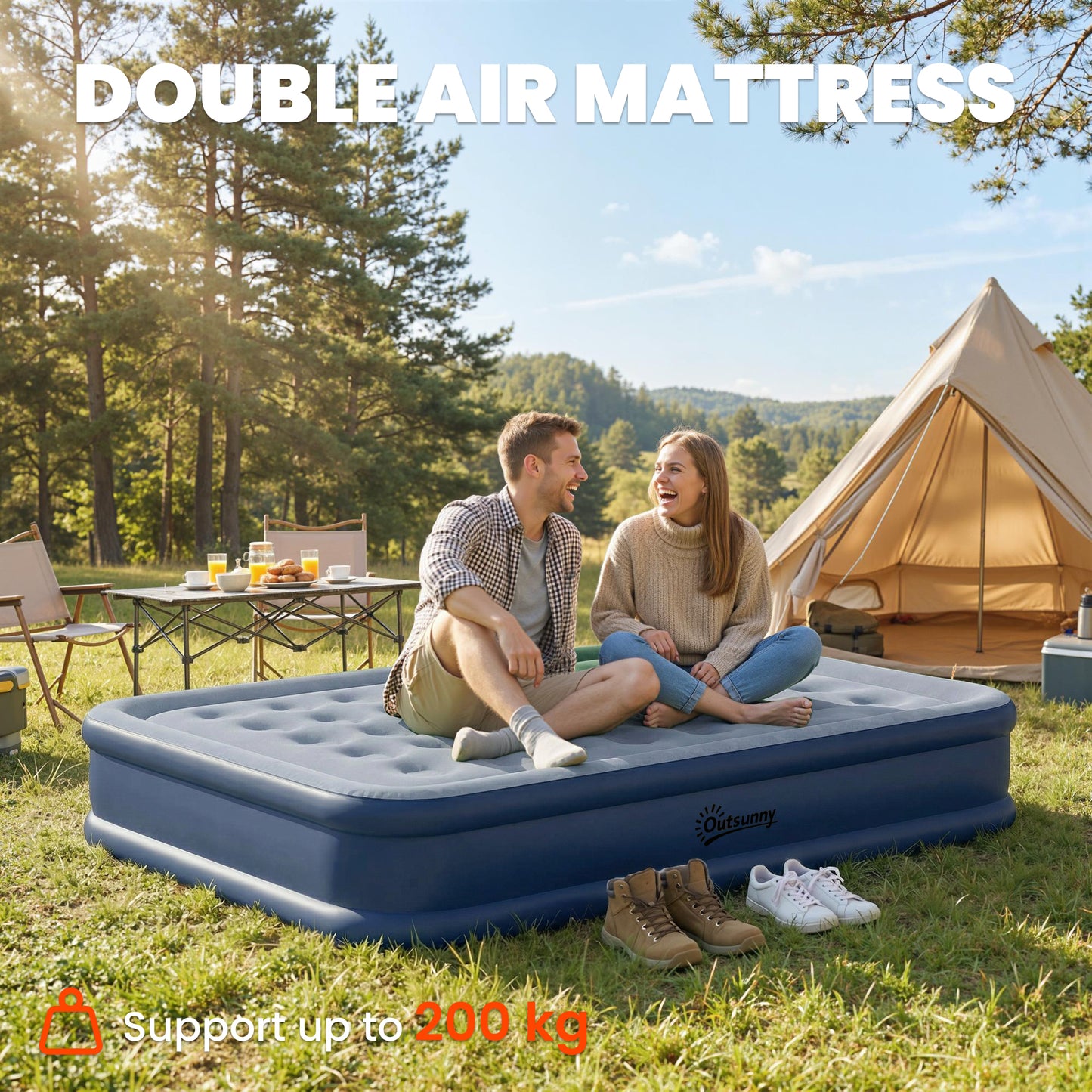 Inflatable Mattress, Double Air Bed with Built-in Electric Pump, 3 Mins Inflation, Flocked Surface, Grey