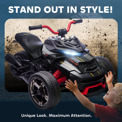 12V Kids Electric Ride On Car with 3 Wheeler, MP3 Player, Horn, 2 Speeds, LED Lights for Boys & Girls Ages 3-8, Black