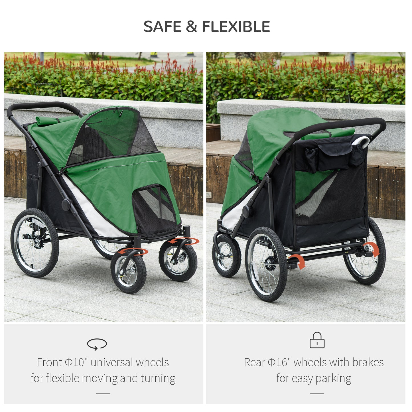 Foldable Pet Stroller, with Washable Cushion, Storage Bags, Safety Leash, for Medium, Large Dogs, Cats - Green