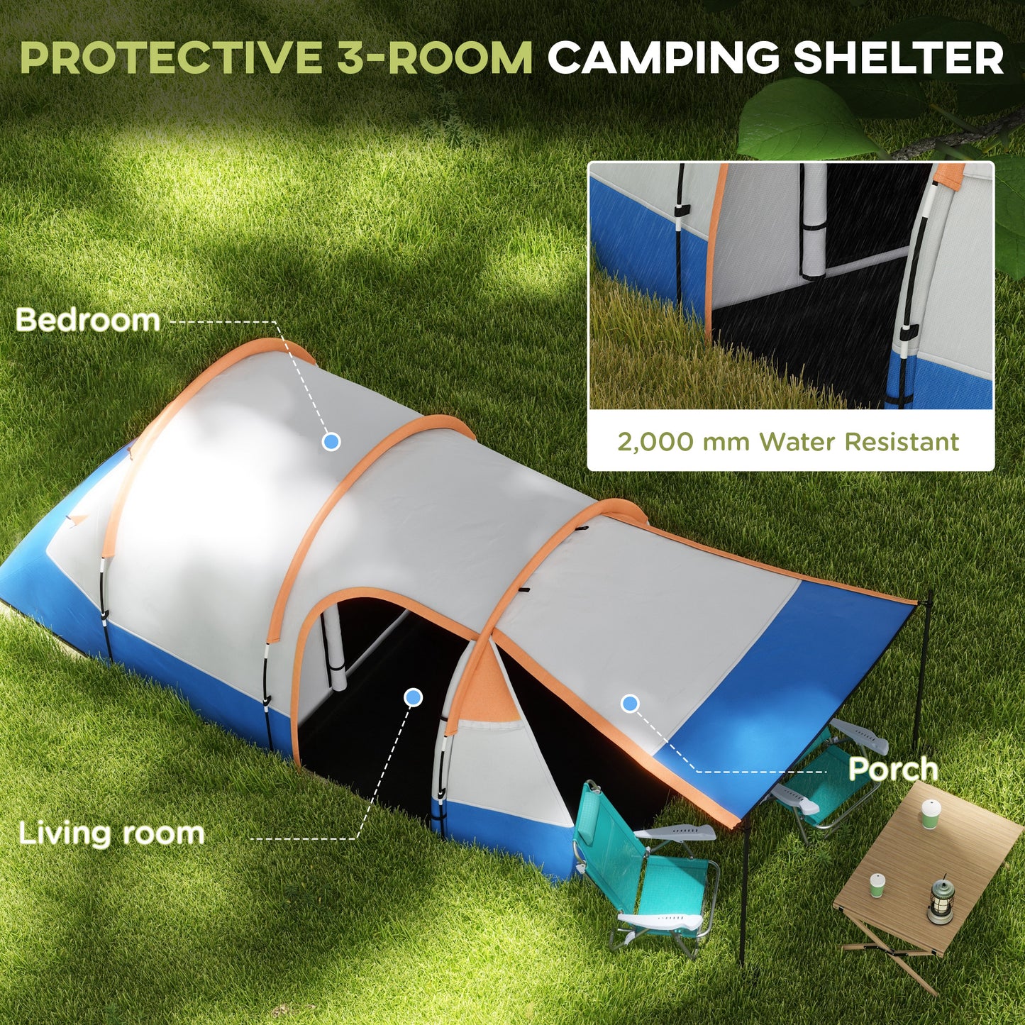 Two Man Two-Room Tent, with Porch and Accessories - Orange