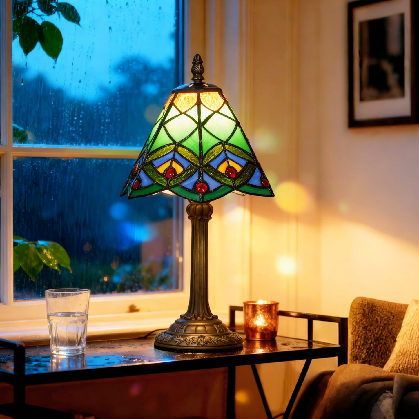 Tiffany-Style Table Lamp with Geometric Patterns, Handcrafted Antique Stained Glass Bedside Lamp for Living Room and Bedroom