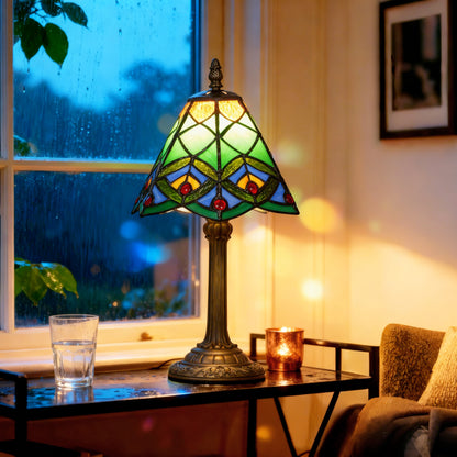 Tiffany-Style Table Lamp with Geometric Patterns, Handcrafted Antique Stained Glass Bedside Lamp for Living Room and Bedroom