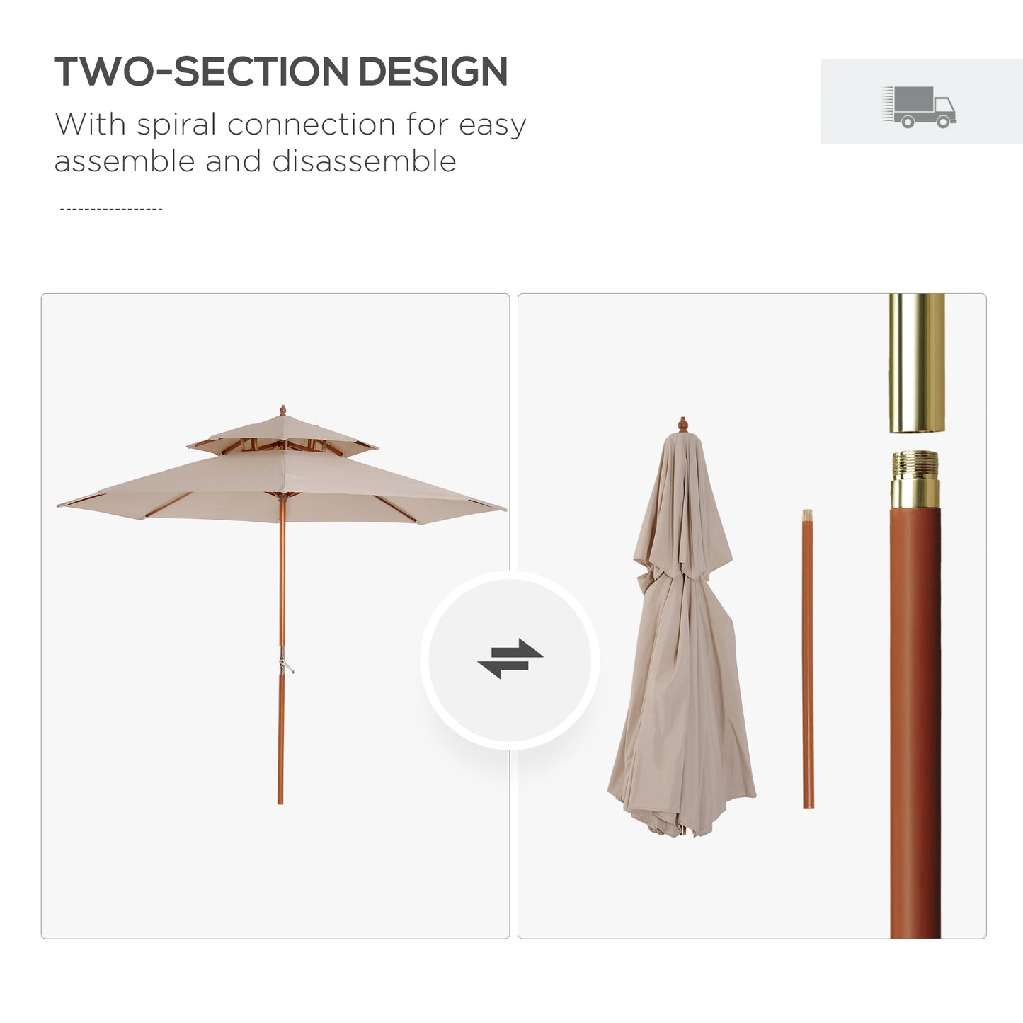 2.7m Wooden Parasol Elegant Two-Tier Design Garden Parasol Umbralle for Outdoor Shade, Beige