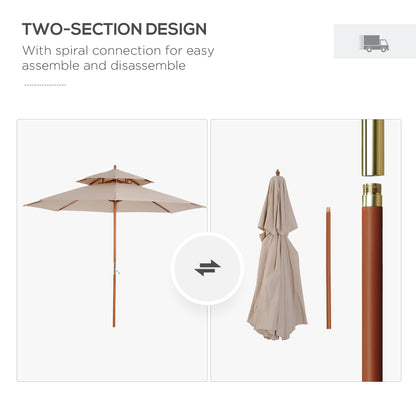 2.7m Wooden Parasol Elegant Two-Tier Design Garden Parasol Umbralle for Outdoor Shade, Beige