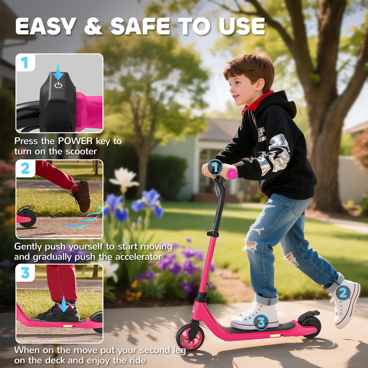Electric Scooter for Kids 6+, Foldable E Scooter, Up to 8 KM/H, Maximum Range 6 KM, Adjustable Height, Pink