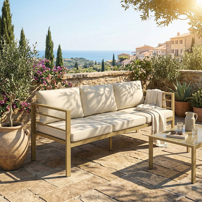 Garden Bench with Cushions, 3-Seater Sofa with Backrest, Armrest and Back Cushions, 185 x 66 x 64cm, Cream White