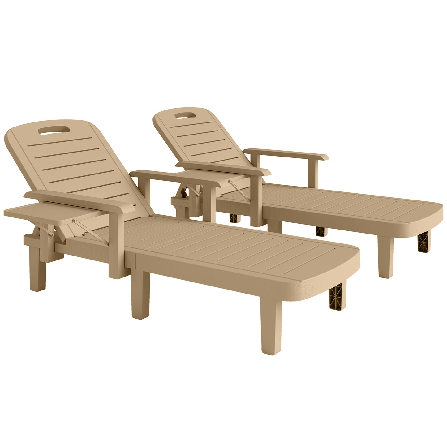 Set of 2 Reclining Sun Loungers, 5 Positions Adjustable Outdoor Chaise Lounge Chair with Armrests, Khaki