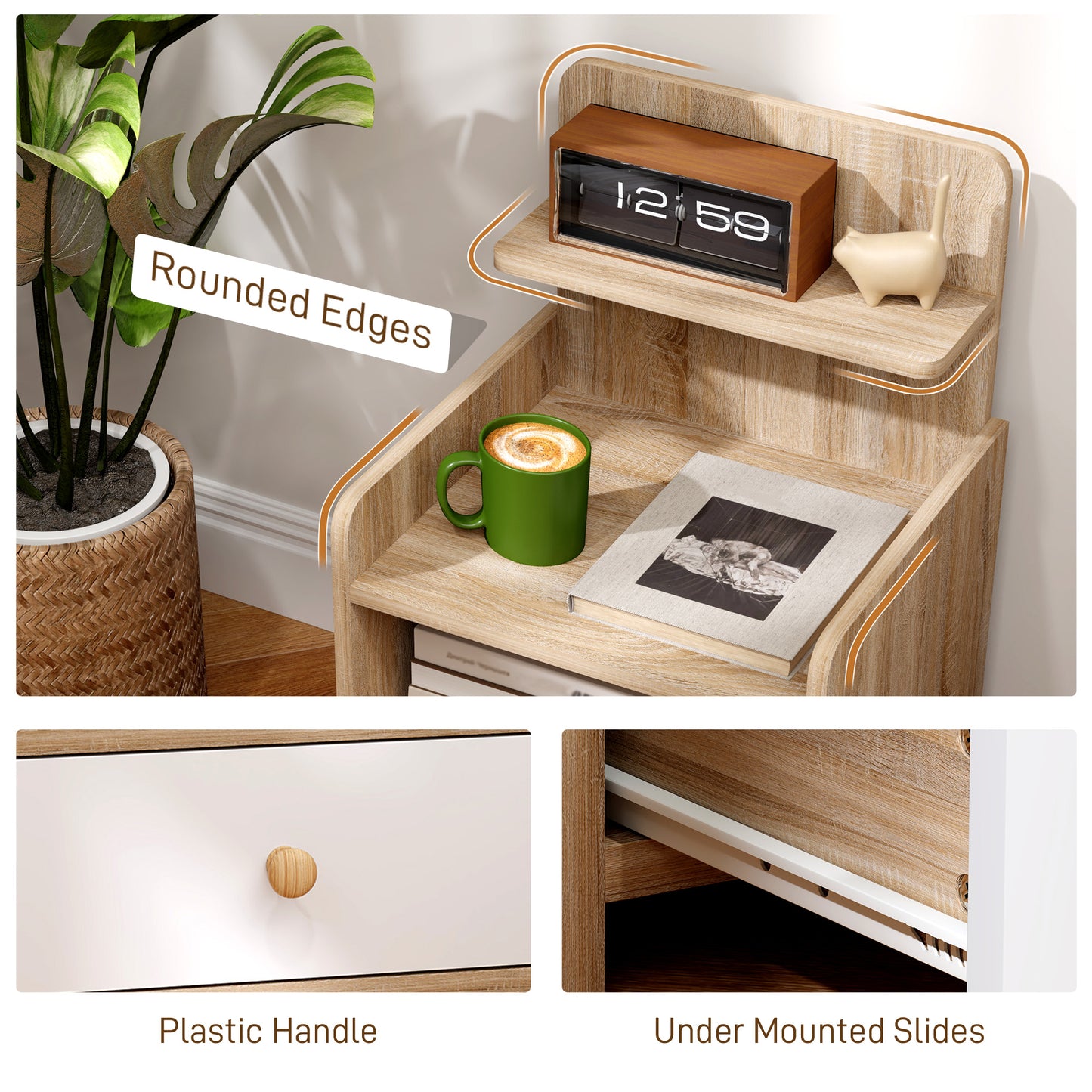 Multi-Storage Bedside Table - White/Wood-Effect