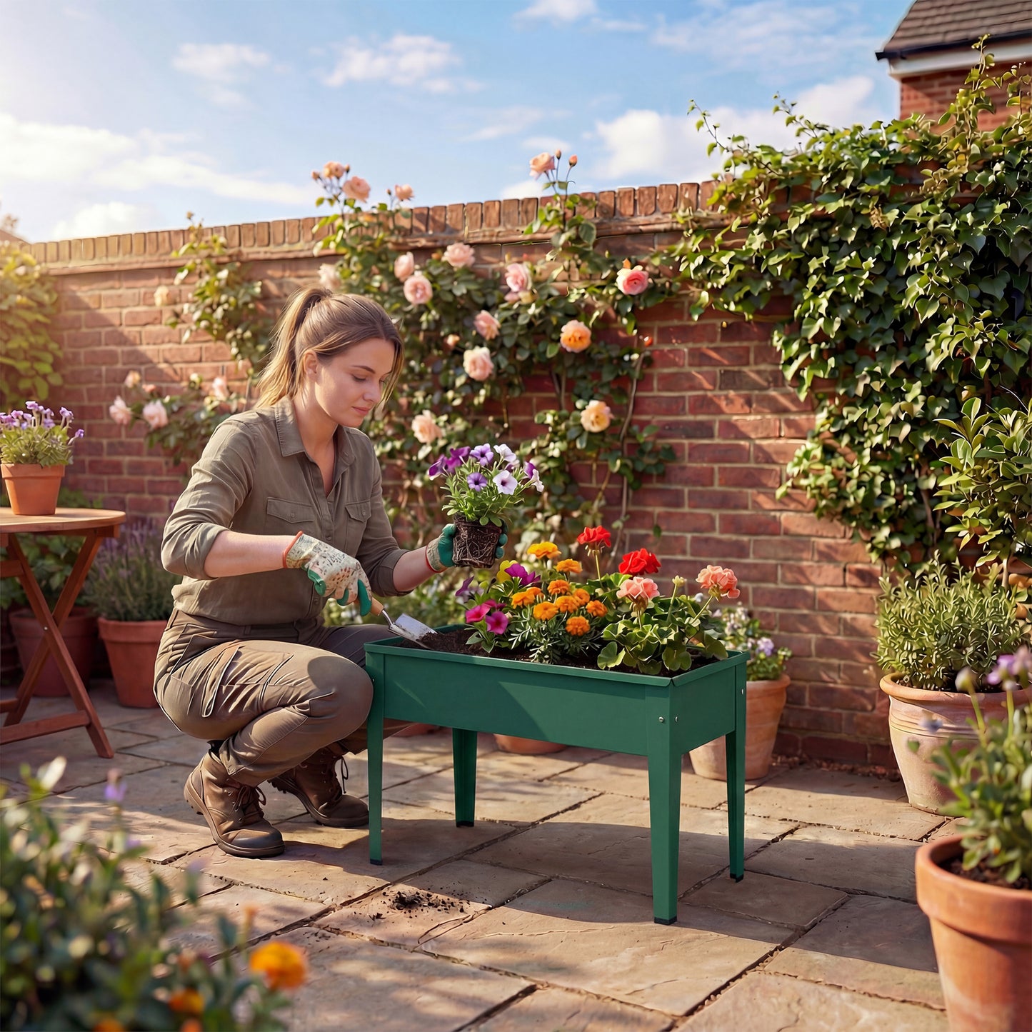 Raised Planter, Metal Raised Garden Bed on Legs with Drainage Hole and Foot Covers, Green