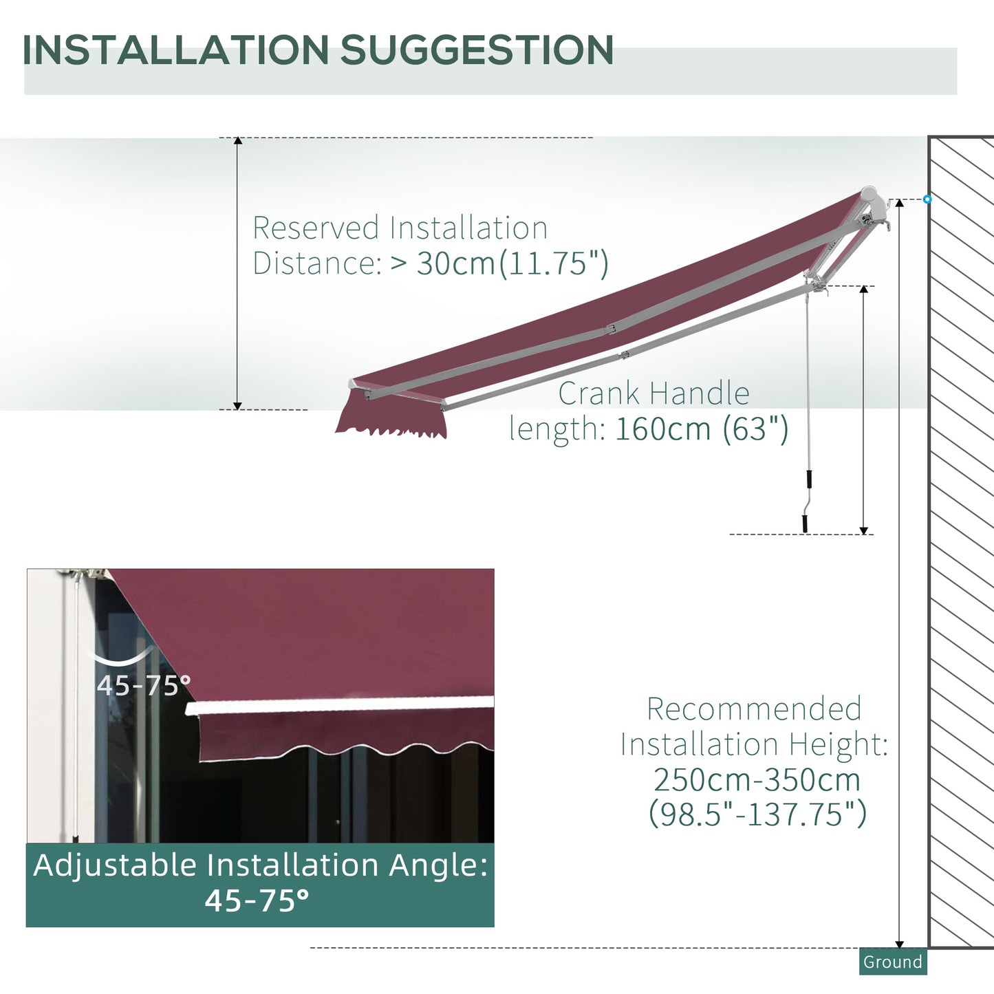 3 x 2.5m Manual Retractable Awning for Patio 45-75° Sun Canopy with Waterproof Fabric - Wine Red
