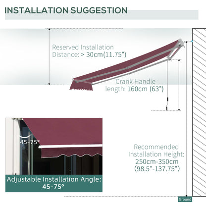 3 x 2.5m Manual Retractable Awning for Patio 45-75° Sun Canopy with Waterproof Fabric - Wine Red