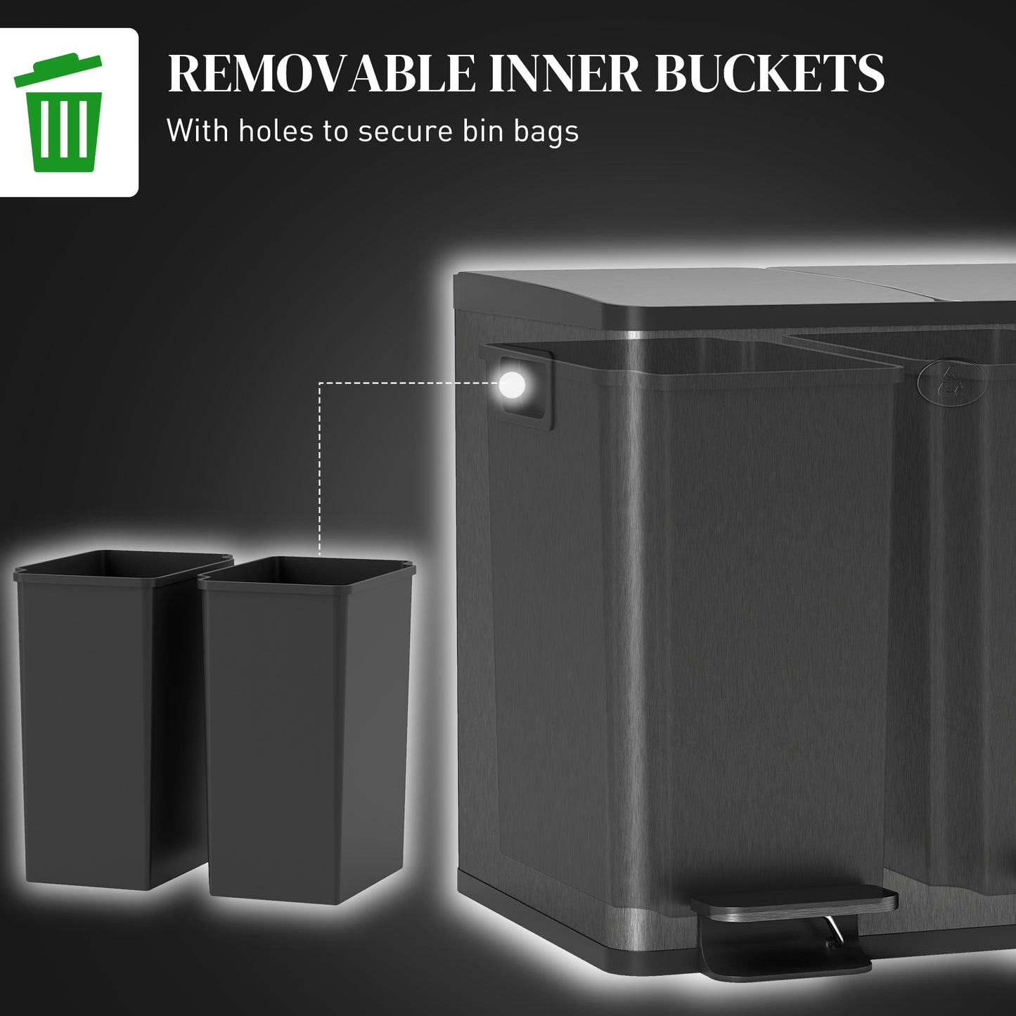30L Dual Compartment Stainless Steel Bin, with Deodoriser Holders - Black