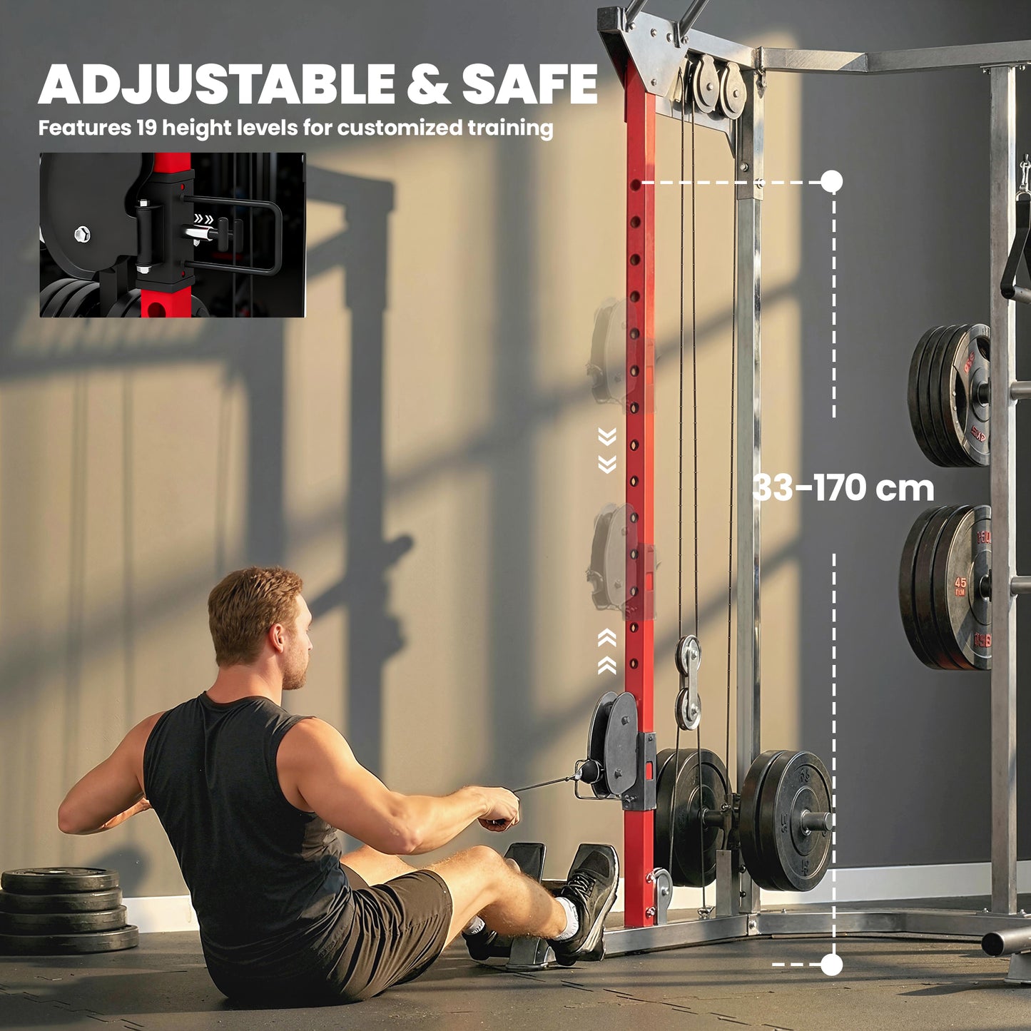 Power Cage, Power Rack with Adjustable Cable Pulley System, Pull-Up Bar, Dip Station, Landmine