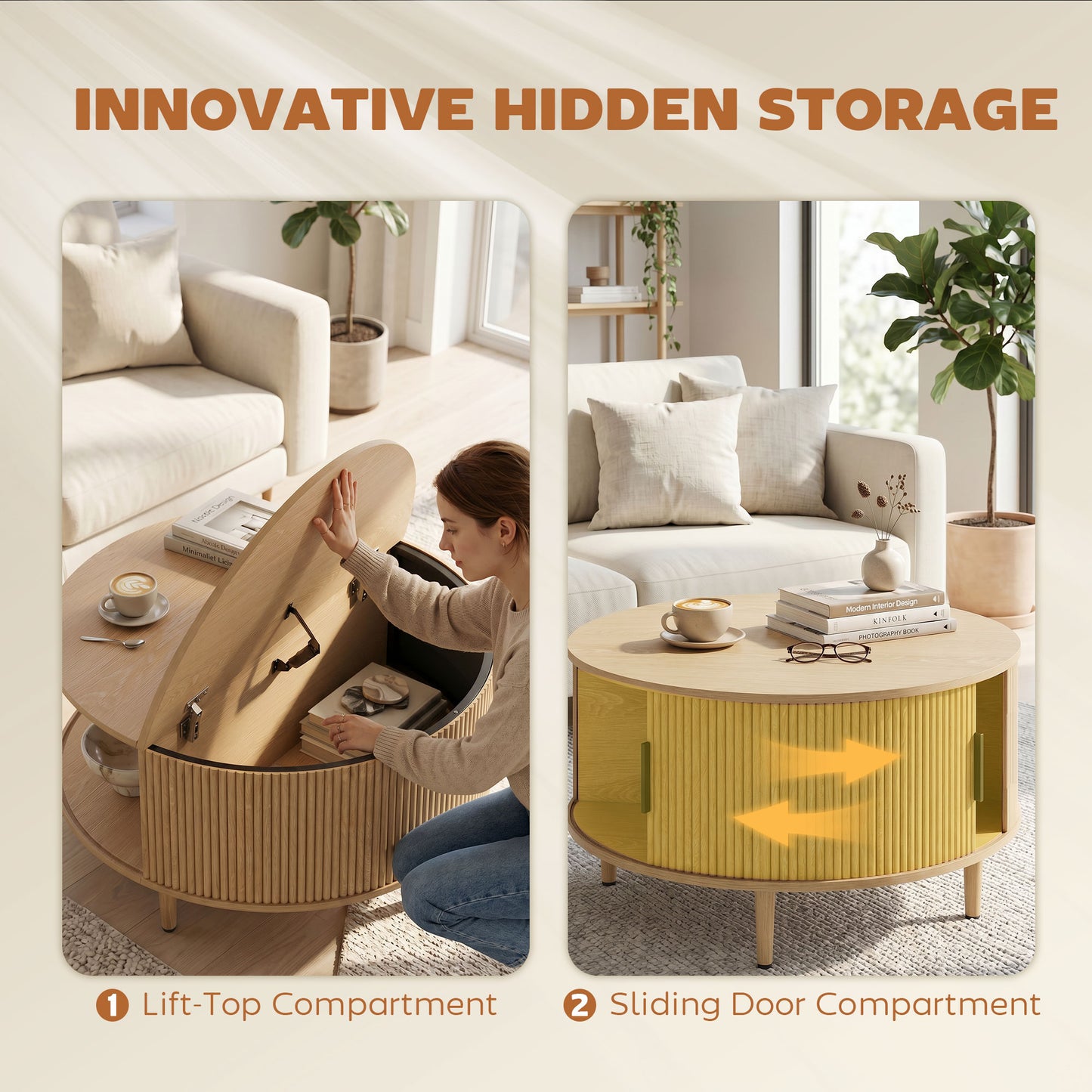 Coffee Table with Lift Top and Hidden Storage, Round Centre Table with Fluted Sliding Door, 80 cm, Natural Wood