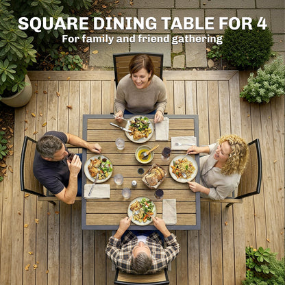 Square Garden Dining Table with 5.4cm Parasol Hole, Slatted Top, Metal Frame, 86 x 86 x 71cm, Brown