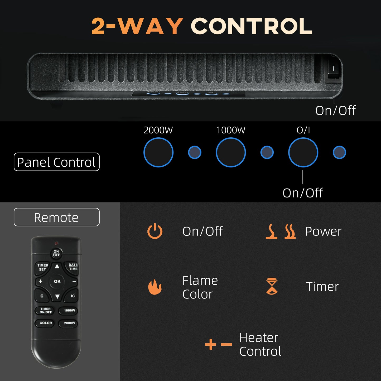 127cm/50" Electric Fireplace, 2000W Recessed and Wall Mounted Electric Fire with Remote Control, 9 Flame Colour and Crystal