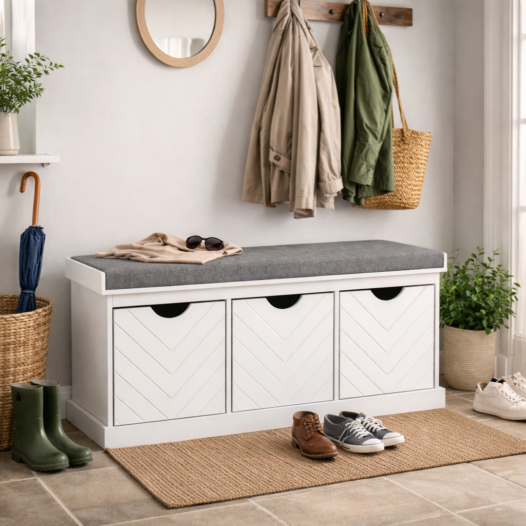 3-Drawer Padded Shoe Bench with Breathable & Washable Linen-look Cover, White