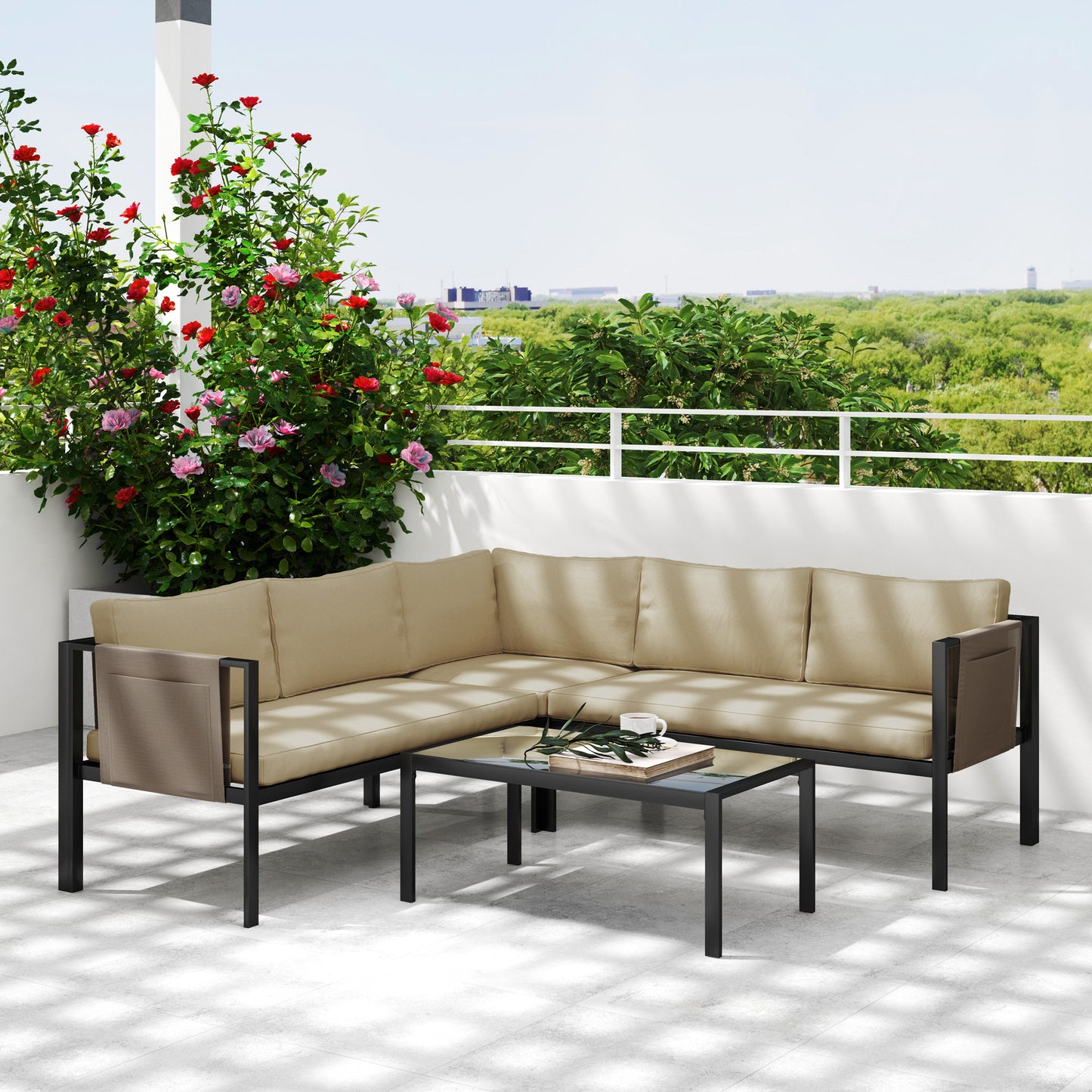 5 Seater Garden Corner Sofa Set, 4 Pieces Metal Garden Furniture Set with Loveseats, Glass Top Coffee Table