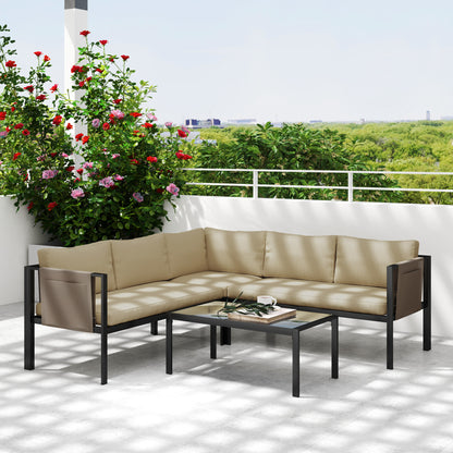 5 Seater Garden Corner Sofa Set, 4 Pieces Metal Garden Furniture Set with Loveseats, Glass Top Coffee Table