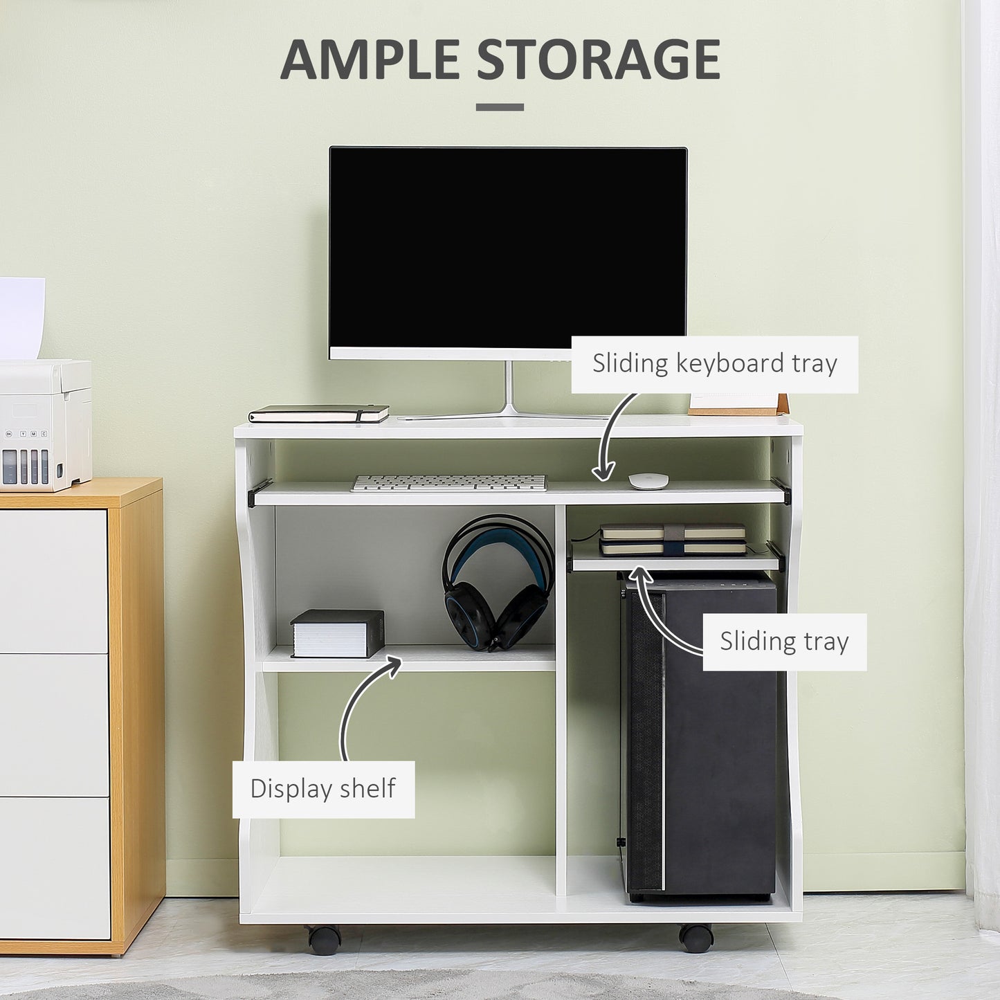 Multi-Storage Compact Work Desk, with Wheels - White