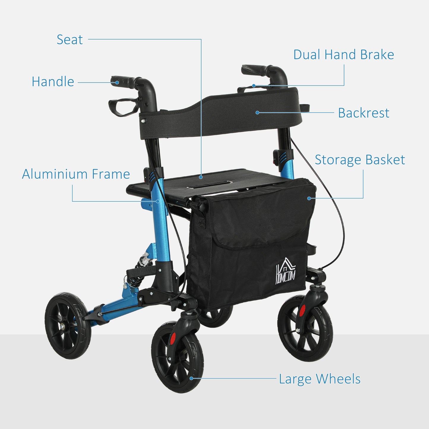 Folding Rollator Walker with Seat, Backrest, Lightweight Walking Frame with Storage Bag, Dual Brakes