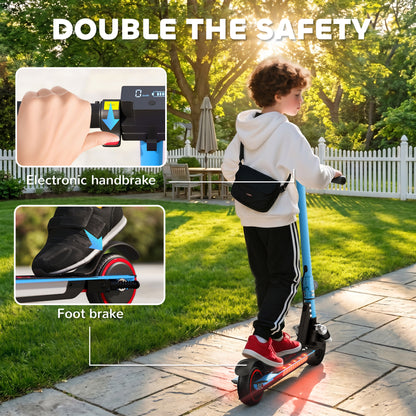 Folding Electric Scooter for Kids, with Dual Brakes, Front Suspension, LED Colourful Lights, Blue