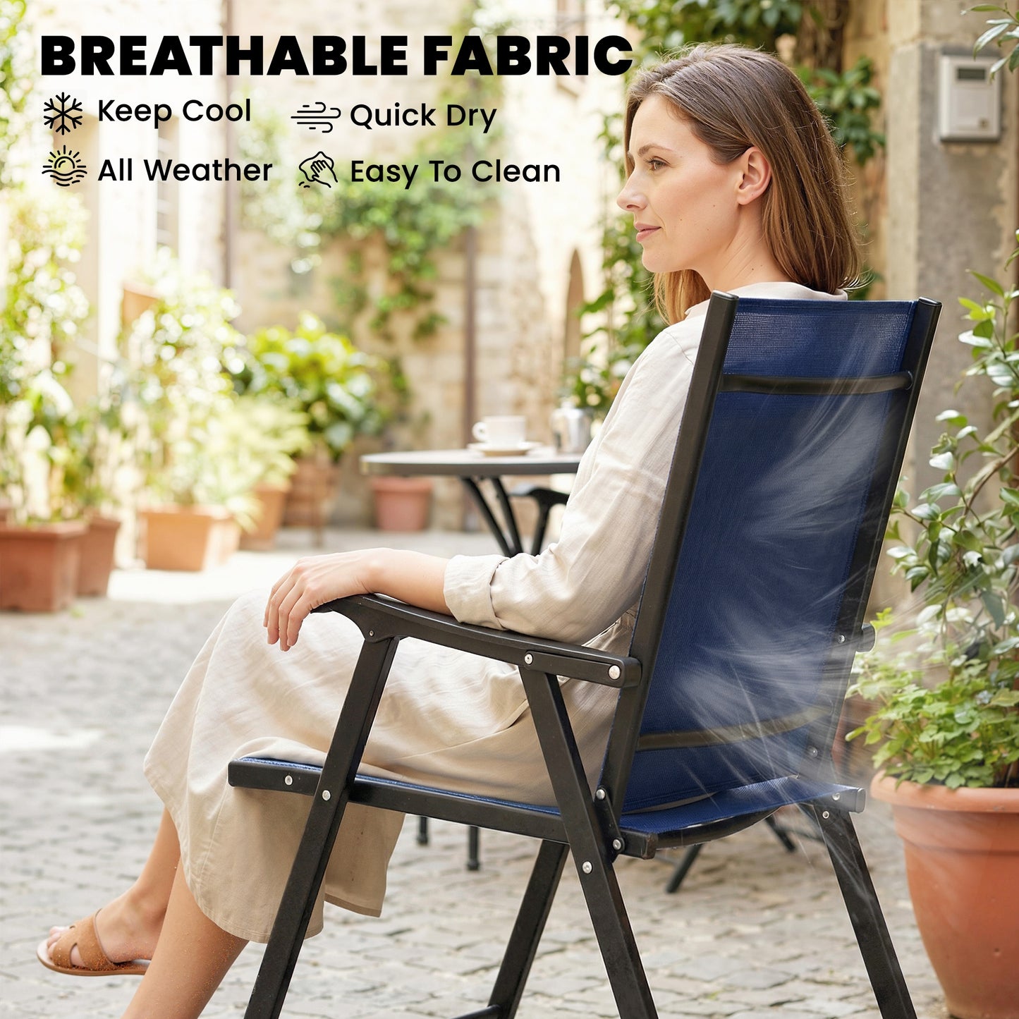 Folding Garden Chairs Set of 2, Foldable Garden Dining Chairs with High Back, Armrests, Texteline Seat, Navy Blue