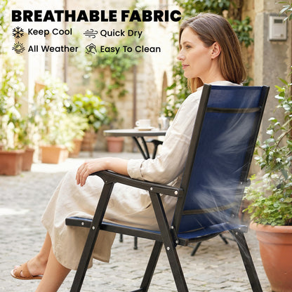 Folding Garden Chairs Set of 2, Foldable Garden Dining Chairs with High Back, Armrests, Texteline Seat, Navy Blue