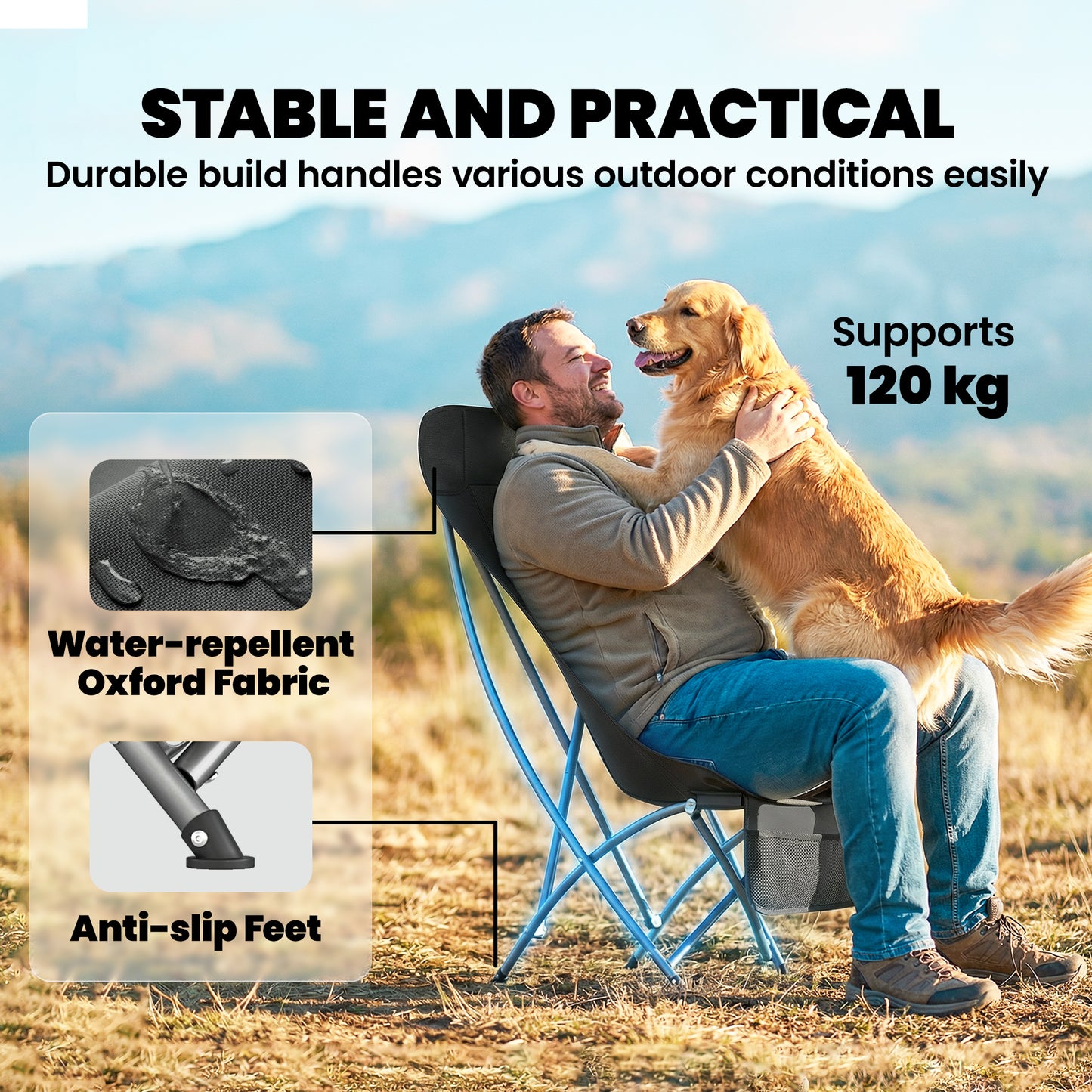 Camping Chair for Adults Heavy Duty Folding Camp Chair with Side Pocket and Carry Bag Black