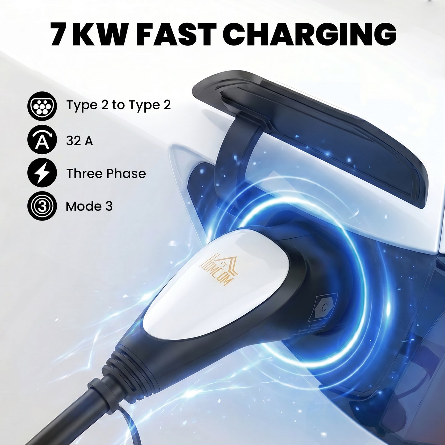 Type 2 EV Charging Cable, 7kW, 32A, Mode 3, 1-Phase, 10m Type 2 to Type 2 EV Extension Cable for EVs, PHEVs