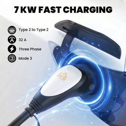 Type 2 EV Charging Cable, 7kW, 32A, Mode 3, 1-Phase, 10m Type 2 to Type 2 EV Extension Cable for EVs, PHEVs