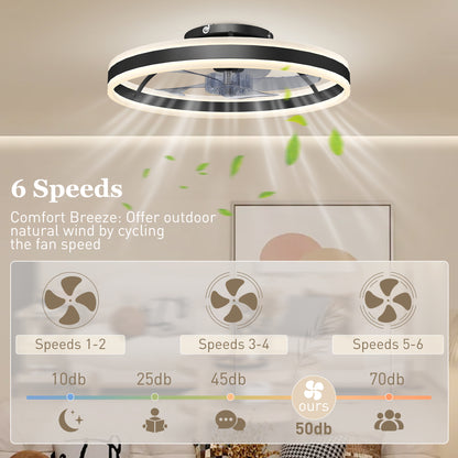 Ceiling Fan with Light and Remote, LED Mount Ceiling Fan with 3 Colour Temperatures, 6 Speed, 50 cm, Black
